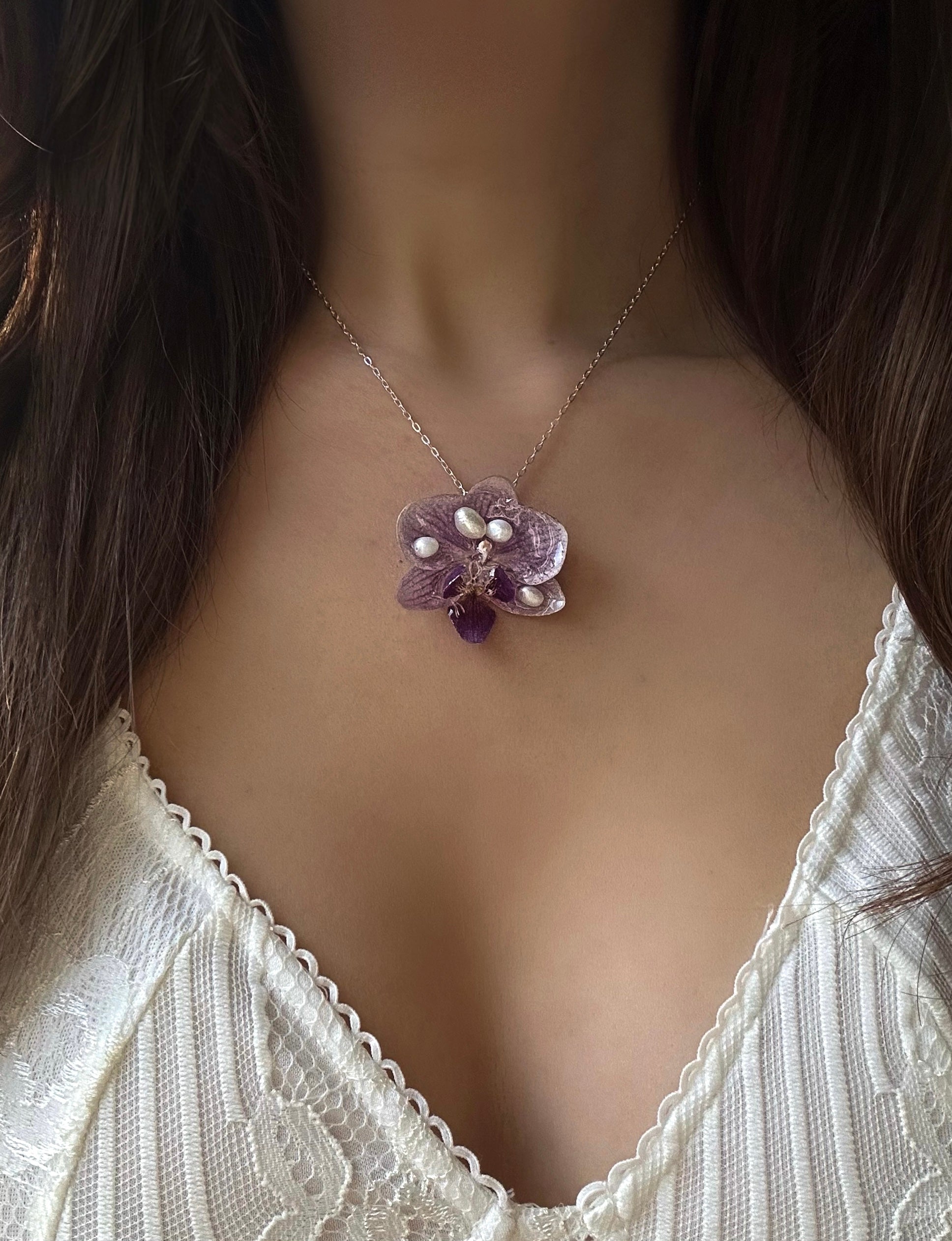 LILAC ORCHID PEARL NECKLACE - 925 STERLING SILBER