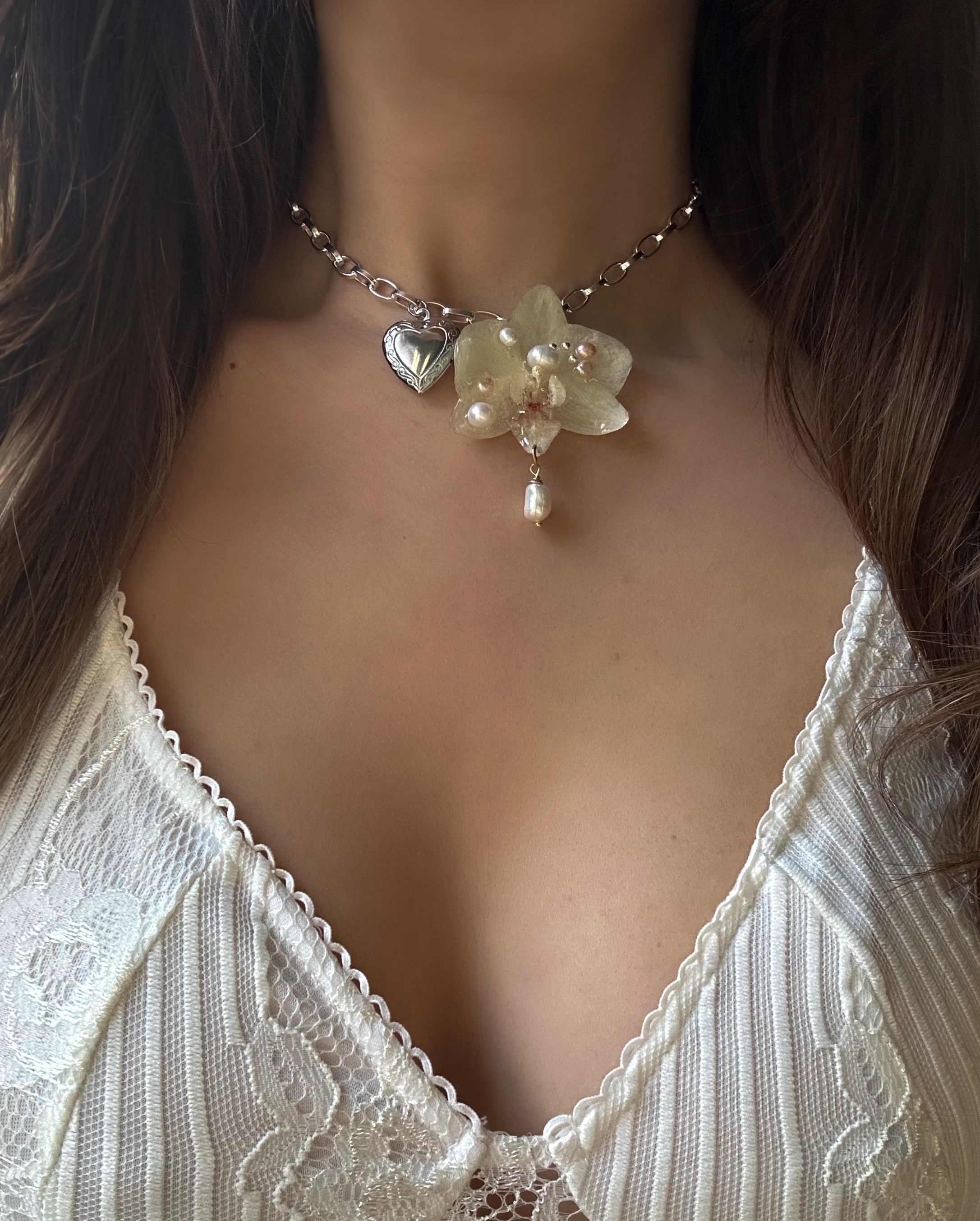 IVORY ORCHID HEART NECKLACE - 925 STERLING SILVER